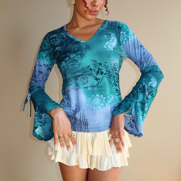 Tops - Y2K Blue Green Mesh Floral Top – NYC Design Co 2000s Fairycore Small